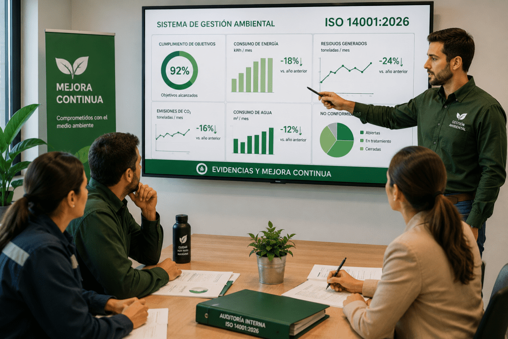 Profesionales formándose para adaptarse a ISO 14001:2026 en empresa