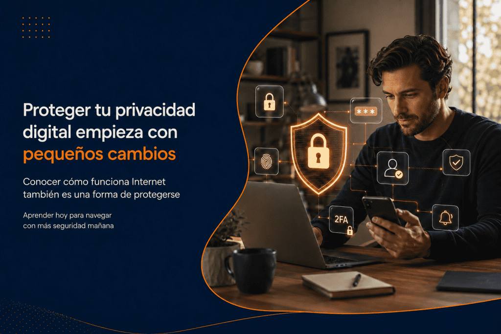 Persona aceptando cookies y permisos de privacidad mientras navega por Internet.