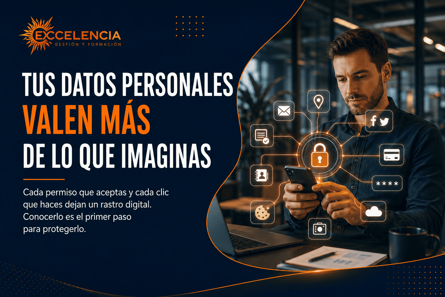 Persona utilizando un smartphone mientras protege sus datos personales y privacidad digital en Internet.