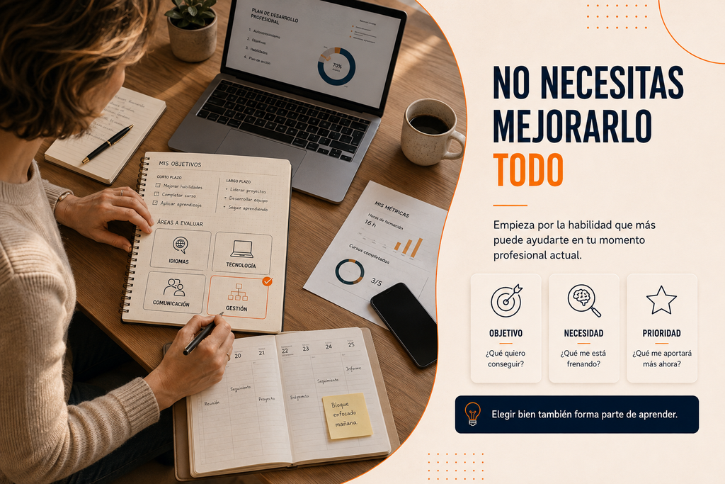 Profesional revisando varias habilidades en una libreta mientras selecciona una como prioridad.