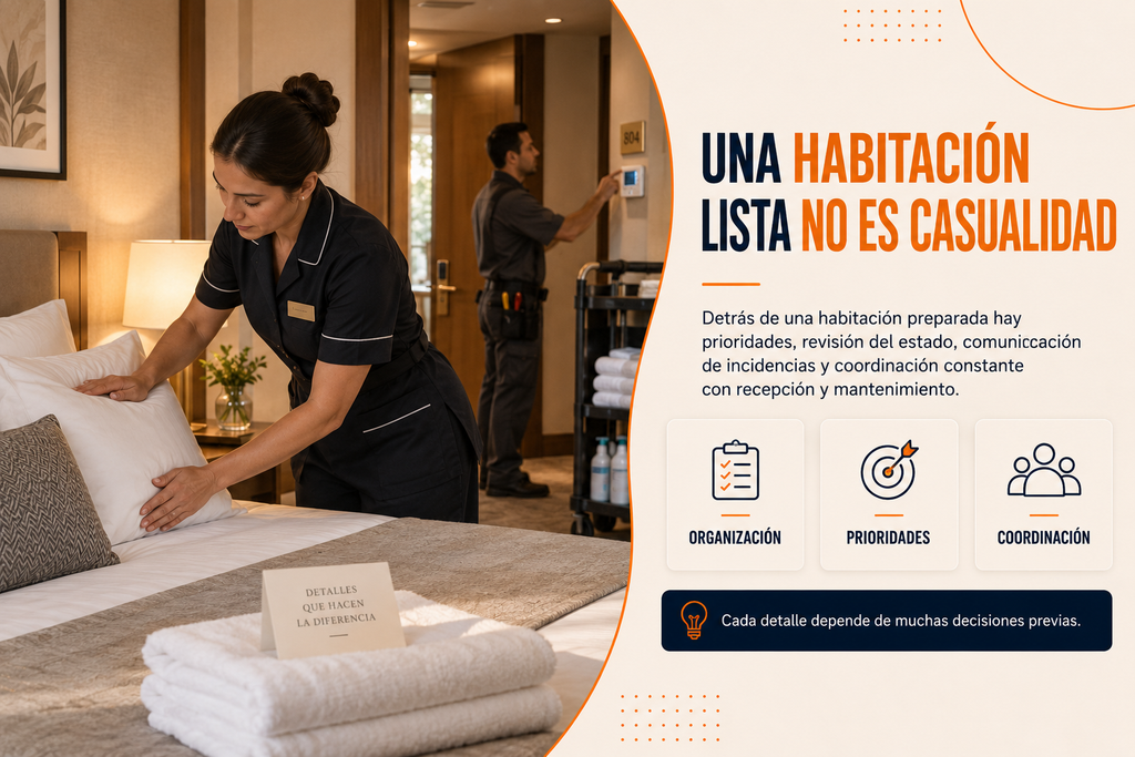 Personal preparando las habitaciones durante el trabajo diario en un hotel.