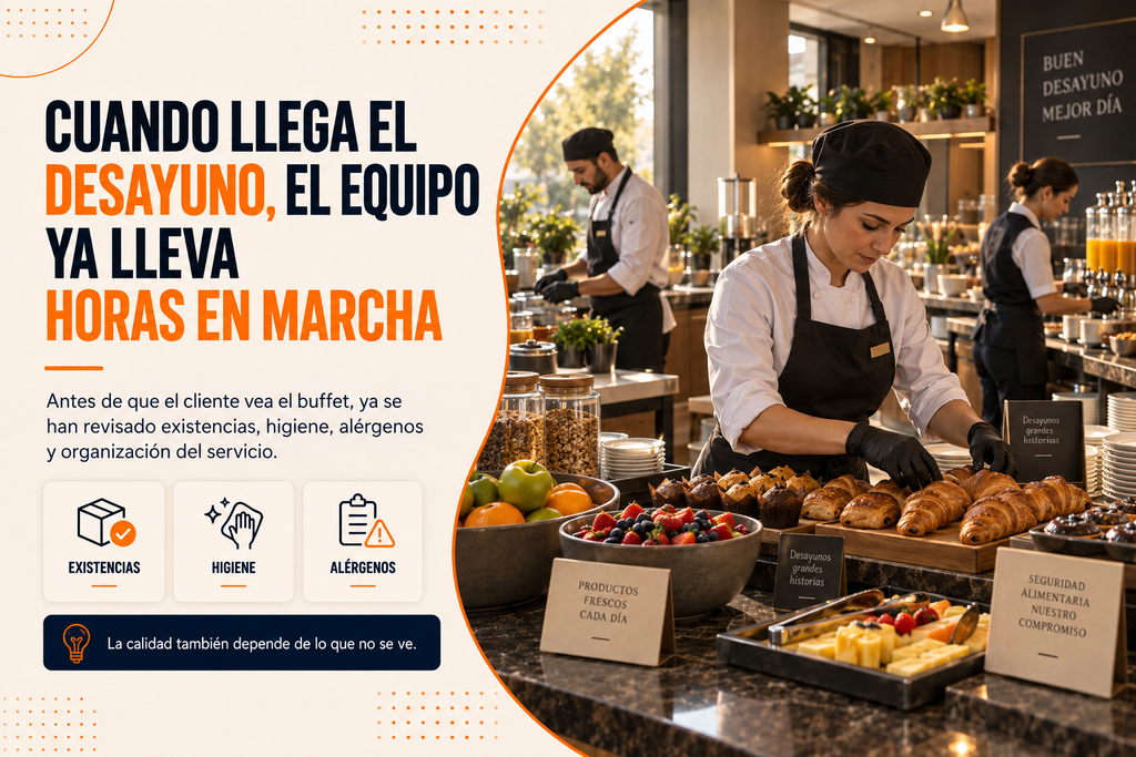 Profesionales de hostelería preparando el desayuno de un hotel.