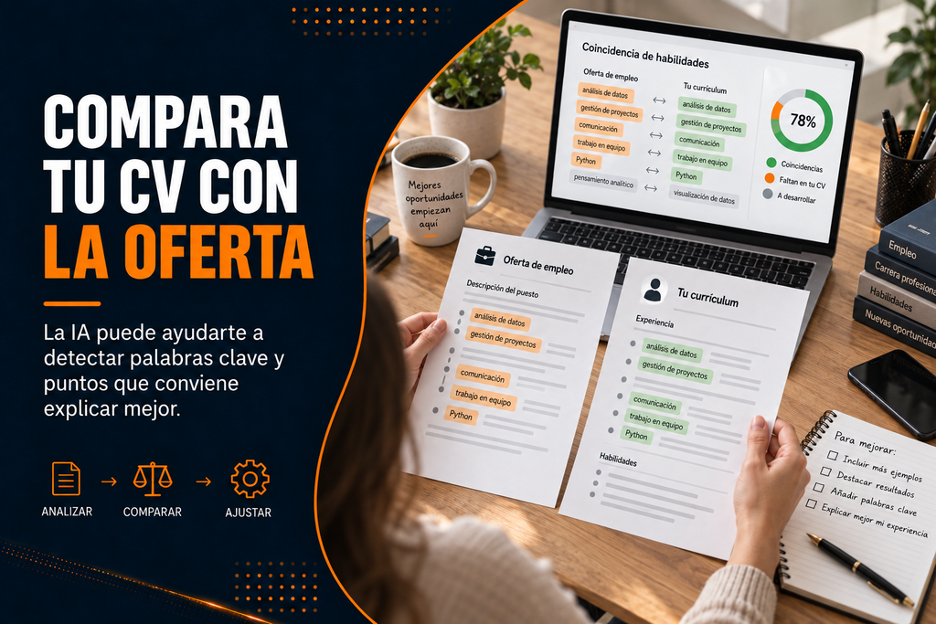 Composición editorial dividida en dos zonas. A la izquierda, una oferta laboral en una pantalla con diferentes conceptos profesionales resaltados; a la derecha, un currículum en el que algunos de esos mismos conceptos aparecen identificados. En el centro, una conexión visual sutil que representa el análisis mediante inteligencia artificial. Diseño profesional, limpio y realista en azul marino, naranja y blanco