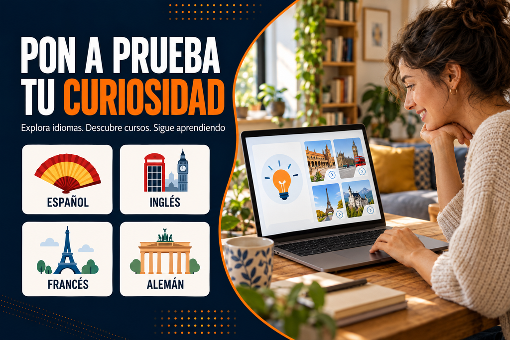 Mujer explorando en su portátil cursos e idiomas tras realizar un test de formación.