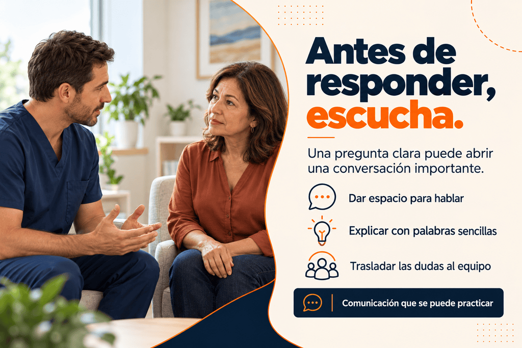 Profesional sanitario conversando con una paciente, junto a pautas para escuchar, explicar con claridad y trasladar dudas al equipo.
