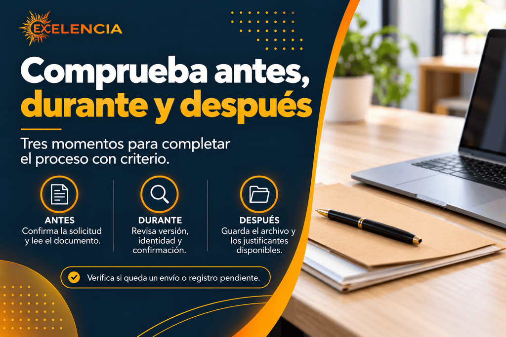 Resumen de comprobar la solicitud, revisar el documento y guardar el justificante