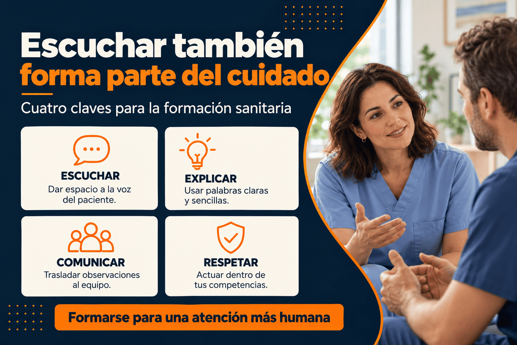 Resumen visual de cuatro habilidades para la atención sanitaria: escuchar al paciente, explicar con claridad, comunicar observaciones y respetar las competencias profesionales.