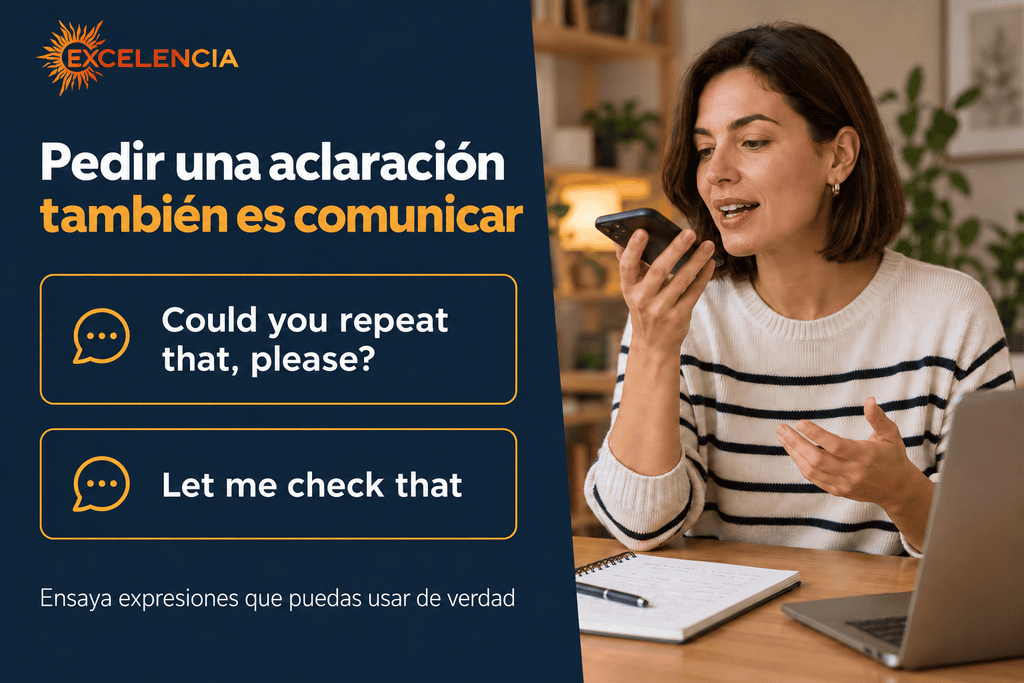 Mujer practicando con su móvil las expresiones «Could you repeat that, please?» y «Let me check that»