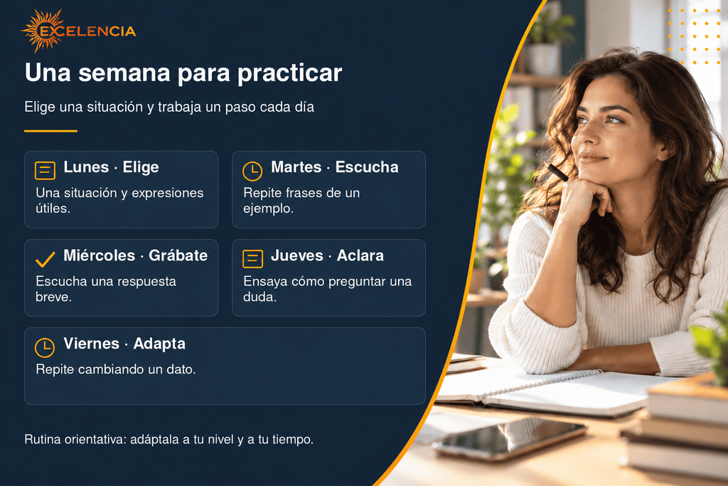 Plan semanal de práctica oral: elegir una situación, escuchar, grabarse, pedir aclaraciones y adaptar la respuesta